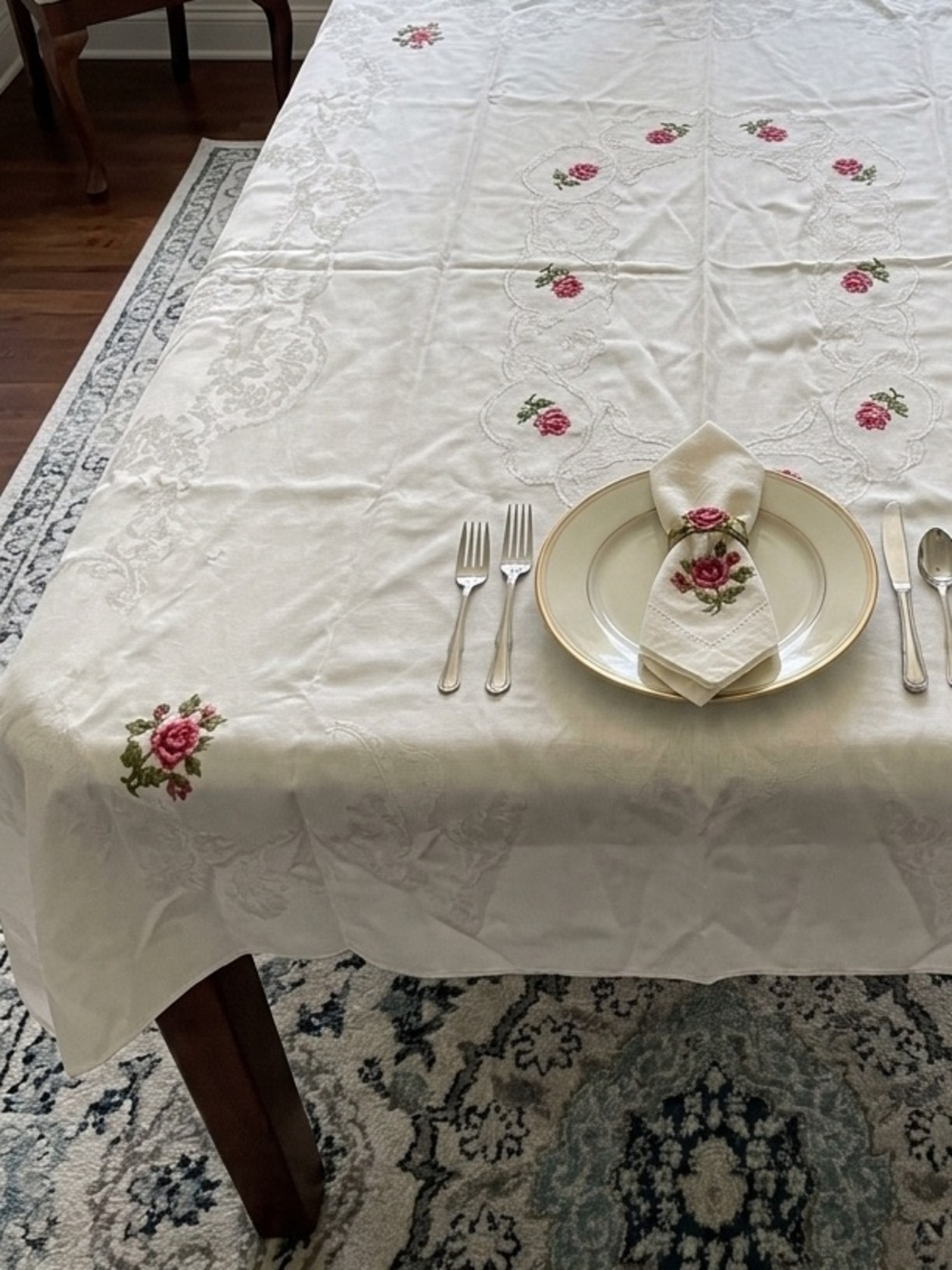 Vintage Hand-Embroidered Pink Rose Tablecloth 51x 65 “